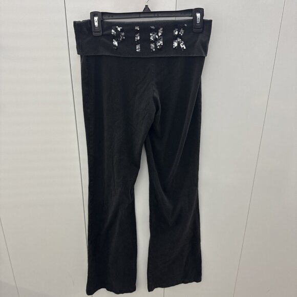 VTG Pink Pants Womens M Black Yoga Flare Sequin Fold Over Victoria Secret Y2K - Picture 1 of 9